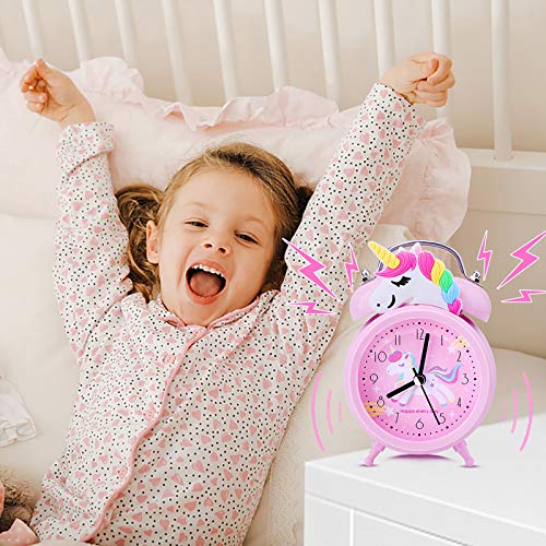 Despertadores de Unicornio para Niñas,Despertadores de Campana Doble Vintage Sin Tictac,Relojes de Mesa de Noche Rosa con Luz de Fondo para el Dormitorio de los Niños