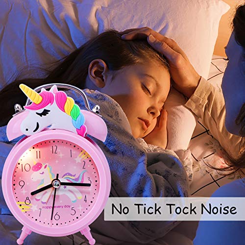 Despertadores de Unicornio para Niñas,Despertadores de Campana Doble Vintage Sin Tictac,Relojes de Mesa de Noche Rosa con Luz de Fondo para el Dormitorio de los Niños