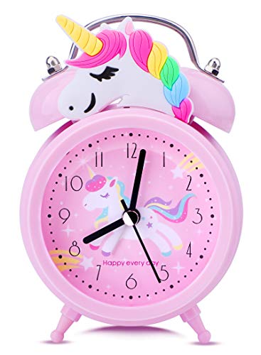 Despertadores de Unicornio para Niñas,Despertadores de Campana Doble Vintage Sin Tictac,Relojes de Mesa de Noche Rosa con Luz de Fondo para el Dormitorio de los Niños