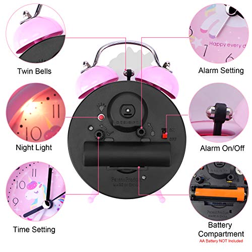 Despertadores de Unicornio para Niñas,Despertadores de Campana Doble Vintage Sin Tictac,Relojes de Mesa de Noche Rosa con Luz de Fondo para el Dormitorio de los Niños