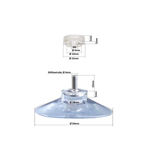 DIYexpert® 12 x Ventosas diámetro 50 mm con Rosca M4 x 10 mm Incluye Tuercas moleteadas Transparentes, Fabricadas en Alemania