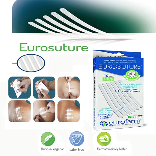 Eurosuture (mm 3 x mm 75) Tiras Estériles Para Sutura Cutánea, Adhesivo Hipoalergénico, Efecto Descolorado para un Mejor Resultado Cosmético.10 Unidades