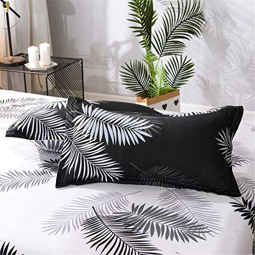 Fansu Juego de Ropa de Cama 4 Piezas, Microfibra Funda de Edredón Sábana Funda de Almohada Cremallera Diseño Funda de Almohada Conjunto De Edredón Hoja Plana (150x200cm,Hoja Blanca Negra)