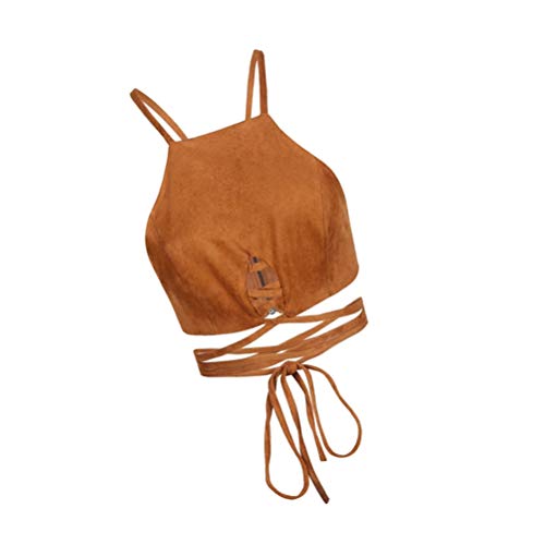 FENICOS Mujeres Bohemio Auto-ata Camisola Crop Top sin Mangas Cremallera Tanques (Marrón, Tamaño M)