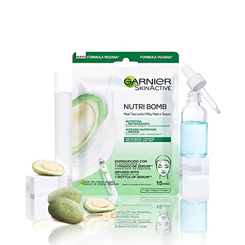 Garnier Skin Active Nutri Bomb Reparadora, Mascarilla Facial de Tejido con Leche de Almendra Ecológica y Ácido Hialurónico para Pieles Secas y Tirantes, Nutre y Repara la Piel, 5 Unidades