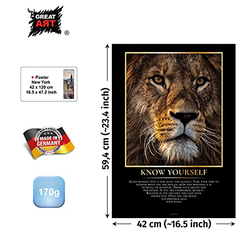 GREAT ART® Póster motivacional noble – Know Yourself – León majestuoso retrato animal inspiración decoración hogar (Din A2 42 x 59,4 cm)