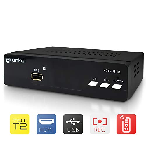 Grunkel - HDTV-18 T2 - Sintonizador TDT T2 USB reproductor y grabador en directo y diferido. Bajo Consumo. Mando a distancia. Marca España - Fácil instalación - Negro