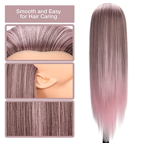 GUANJUNE Peluquería Cabeza de Entrenamiento Peluquería, Cabeza de Maniquí, 26-28 Pulgadas Cabeza de Muñeca de Cosmetología de Fibra Sintética 100%, Regalos para Niñas (Rosa Degradado)