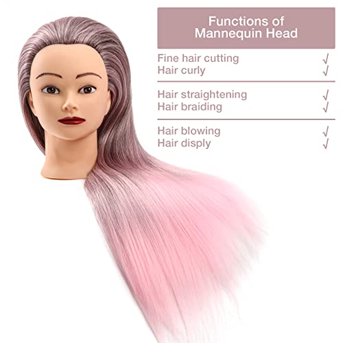 GUANJUNE Peluquería Cabeza de Entrenamiento Peluquería, Cabeza de Maniquí, 26-28 Pulgadas Cabeza de Muñeca de Cosmetología de Fibra Sintética 100%, Regalos para Niñas (Rosa Degradado)