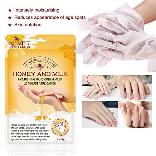 Guantes Hidratantes Para Manos, 5 Pares de Máscara de Mano Hidratante Exfoliante de Leche de Miel con Suero y Vitaminas, Colágeno, Reparación de Piel áspera, Blanqueamiento y Antienvejecimiento