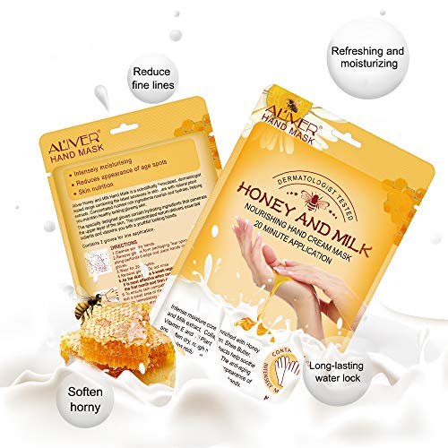 Guantes Hidratantes Para Manos, 5 Pares de Máscara de Mano Hidratante Exfoliante de Leche de Miel con Suero y Vitaminas, Colágeno, Reparación de Piel áspera, Blanqueamiento y Antienvejecimiento