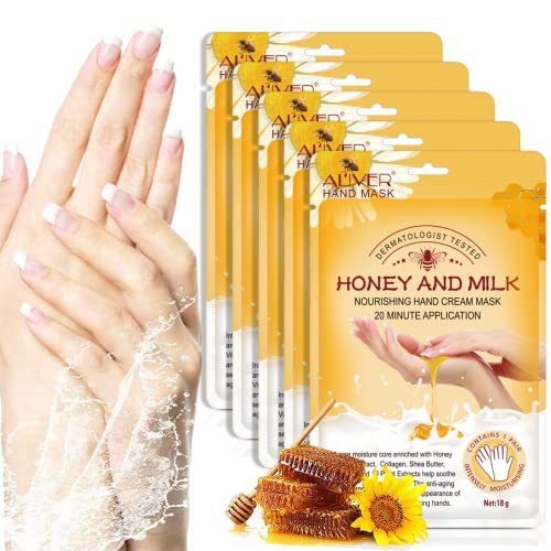 Guantes Hidratantes Para Manos, 5 Pares de Máscara de Mano Hidratante Exfoliante de Leche de Miel con Suero y Vitaminas, Colágeno, Reparación de Piel áspera, Blanqueamiento y Antienvejecimiento
