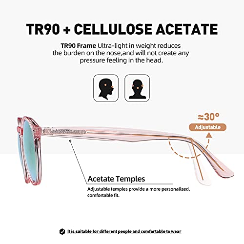 H HELMUT JUST Gafas De Sol para Mujer Hombre Redondas Polarizadas Vintage Unisex TR90 y Acetato Rosa Tipo Espejo