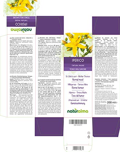 Hipérico o hierba de San Juan (Hypericum perforatum) hierba con flores Tintura Madre sin alcohol Naturalma | Extracto líquido gotas 200 ml | Complemento alimenticio | Vegano