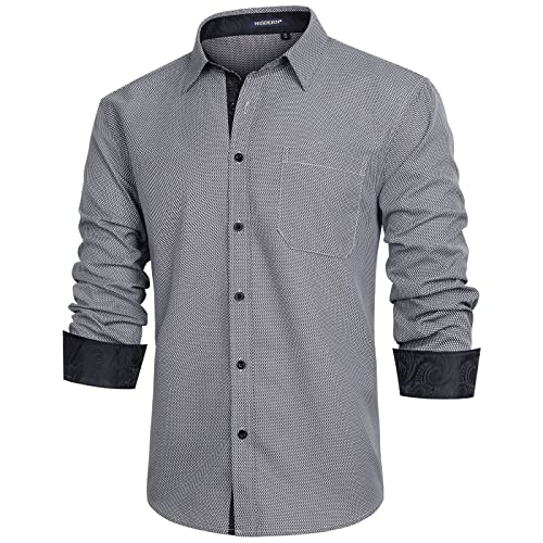HISDERN Camisas Manga Larga Hombre Camisa de Vestir Formal Casual para Hombre Camisa Pata de Gallo con Bolsillo Slim Fit Elegante para Cena Trabajo,Gris 2,XL