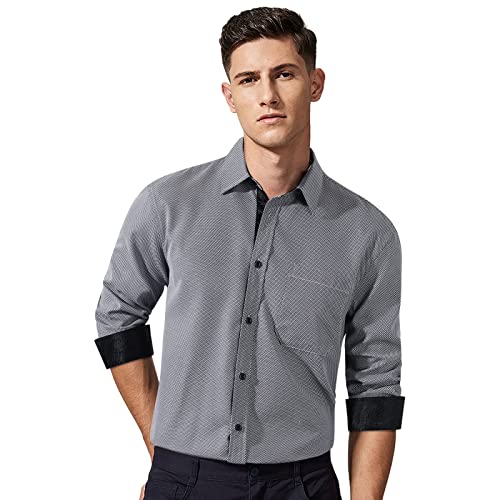 HISDERN Camisas Manga Larga Hombre Camisa de Vestir Formal Casual para Hombre Camisa Pata de Gallo con Bolsillo Slim Fit Elegante para Cena Trabajo,Gris 2,XL