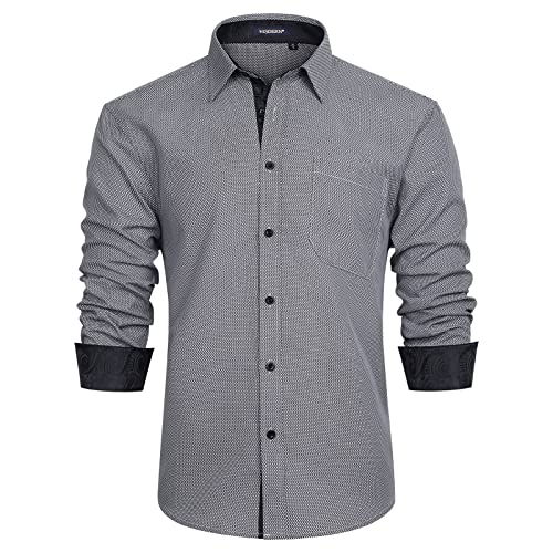 HISDERN Camisas Manga Larga Hombre Camisa de Vestir Formal Casual para Hombre Camisa Pata de Gallo con Bolsillo Slim Fit Elegante para Cena Trabajo,Gris 2,XL