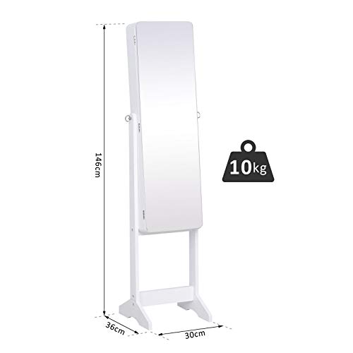 HOMCOM Joyero de Pie con Espejo Armario para Joyas Luces LED Reclinable Guardajoyas Anillos Pendientes Collares Madera 30x36x146cm Blanco