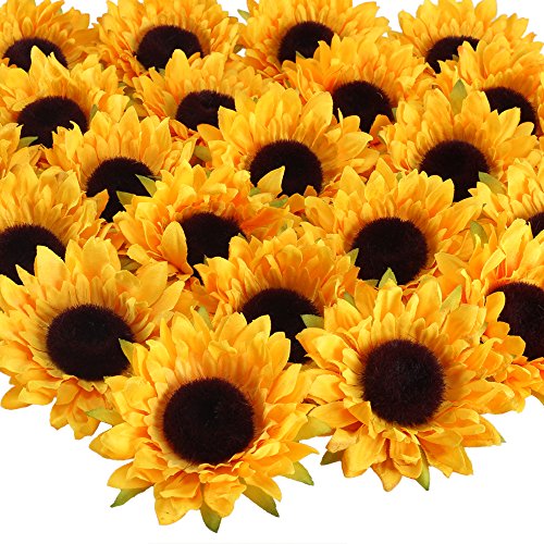 HUAESIN 24pcs Girasoles Artificiales Grandes Decoración, Cabeza de Flores Artificiales Tela 9cm Girasoles Decoracion Amarillas sin Tallo para Boda Bricolaje Cumpleaños Ropa Bautizo