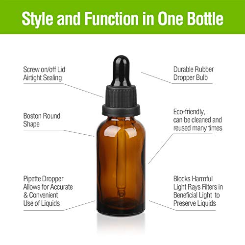 Hyber&Cara Amber Frasco Cuentagotas Cristal 30ml, Botellas Cuentagotas con (Pipeta Cuentagotas Cristal), para Aceite Esencial, Masaje, Fragancia, Aromaterapia, Laboratorio, E-Líquidos, 6 unidades