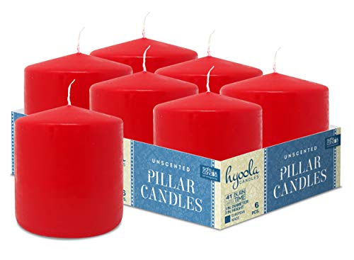 Hyoola Velas de pilar rojas de 7,6 x 7,6 cm – Velas sin perfume – Paquete de 6 – Fabricado en Europa