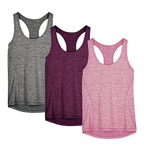 icyzone Camiseta de Tirantes Fitness Deportiva Mujer, Pack de 3 (S, Carboncillo/Jam/Rosado)