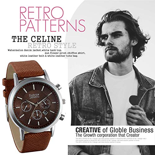 JewelryWe Clásico Relojes De Hombre Caballero, Grande Reloj con Calendario Correa de Cuero Marrón Reloj Cuarzo Casual Buen Regalo para Navidad Cumpleaños