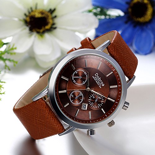JewelryWe Clásico Relojes De Hombre Caballero, Grande Reloj con Calendario Correa de Cuero Marrón Reloj Cuarzo Casual Buen Regalo para Navidad Cumpleaños