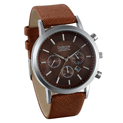 JewelryWe Clásico Relojes De Hombre Caballero, Grande Reloj con Calendario Correa de Cuero Marrón Reloj Cuarzo Casual Buen Regalo para Navidad Cumpleaños