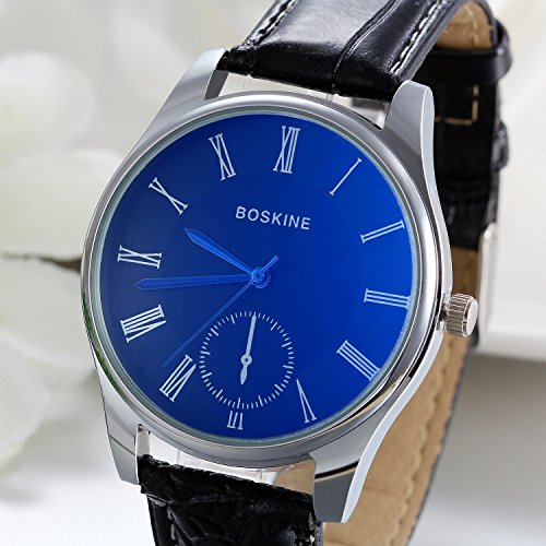 JewelryWe Relojes de Hombre Los Enamorados Reloj Azul Analogico con Correa de Cuero Negro, Buen Regalo de San Valentín Navidad