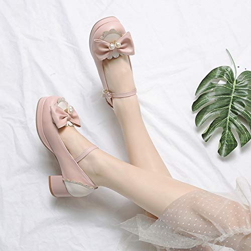 JOEupin Mujer Kawaii Lolita Zapatos de tacón medio bloque Mary Jane Rockabilly Zapatos de tacón con lazo, rosa (Rosa/Rebel Fun.), 37 EU