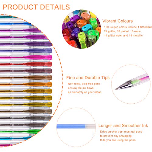 Juego de 200 bolígrafos de gel, 100 colores y 100 recambios de color, perfecto para libros de colorear adultos, dibujos, dibujos, marcadores artísticos