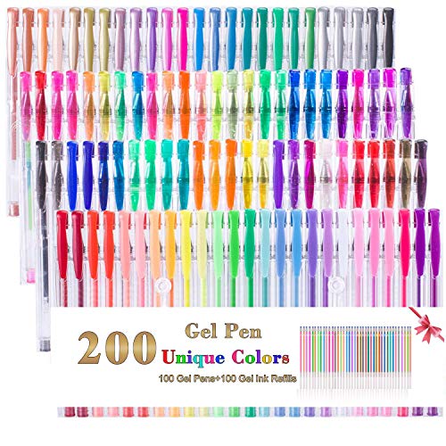 Juego de 200 bolígrafos de gel, 100 colores y 100 recambios de color, perfecto para libros de colorear adultos, dibujos, dibujos, marcadores artísticos