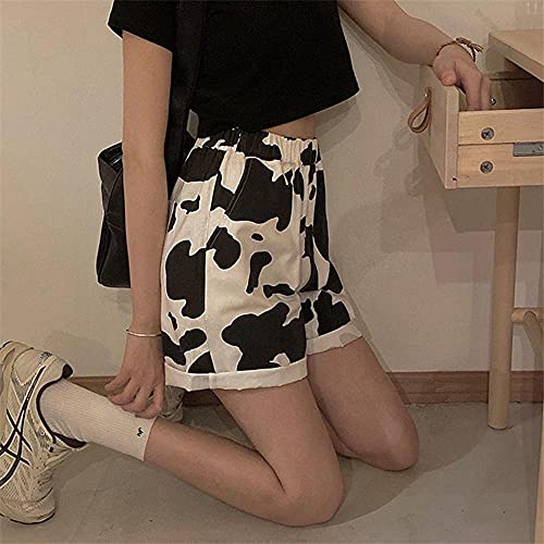 KAL'ANWEI Harajuku Estilo Coreano Streetwear Cow Print Sport Sport Shorts Joggers Mujeres Sweetpants Straight Elastic High Cintura Alta Pierna Pantalones Cortos-Blanco_con