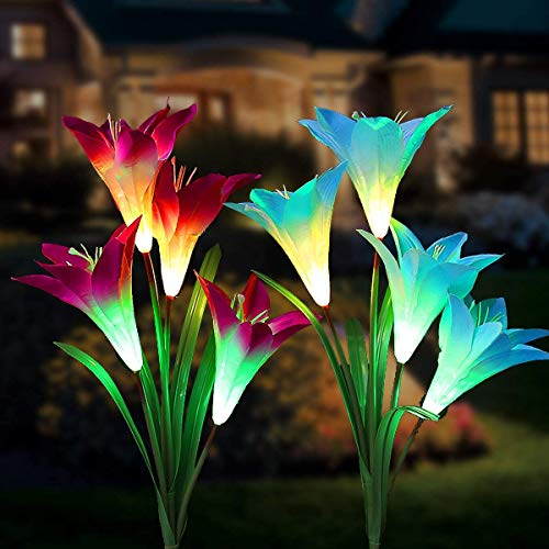 Lampara Solar Flores,Swonuk 2 Luces Solares con 8 Flores de Lirio Luces Exterior Lampara Energía Solar para Jardín, Patio, Césped Decoración