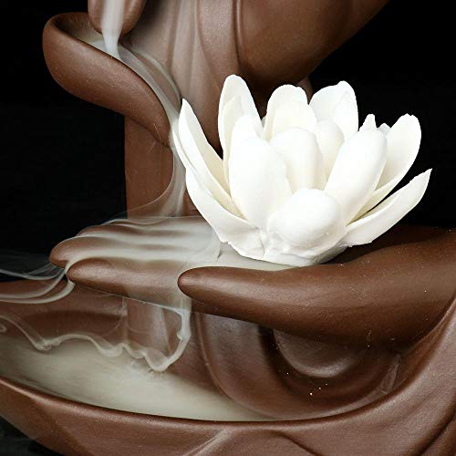 Lotus Hand - Quemador de incienso con 20 conos de incienso de reflujo, cerámica para el hogar