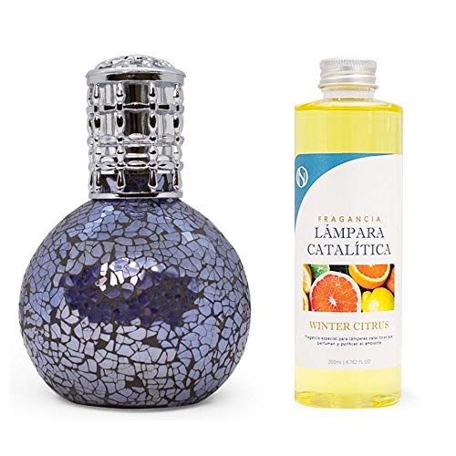 M MAMA MANUELA Pack Lámpara Catalítica y Fragancia. Modelo Mosaico Lila - perfuma y sanea el Ambiente. Elimina Malos olores e impurezas del Aire - MamaManuela (Aroma Winter Citrus - 500ml)