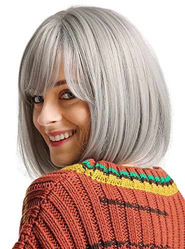 Maeau - Peluca Mujer Bob Pelo Natural Recto Pelucas Corta Mujeres Cabello Natural Gris Claro con Flequillo Peluca Sintética Resistente al Calor Diario para Fiesta Cosplay Exterior