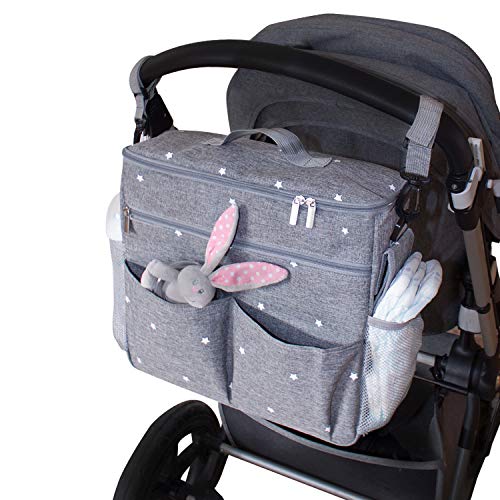 minki micos Bolso cambiador para carrito de bebé. Organizador con interior térmico, ganchos y correa universal. Compacto y moderno. (Gris)