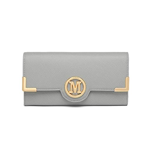 Miss Lulu Monedero Mujer Cartera Billetera Mujer Cremallera Larga Tarjeta Tarjeteros de Bolsillo para Teléfono Piel Sintética con Broche (Gris)