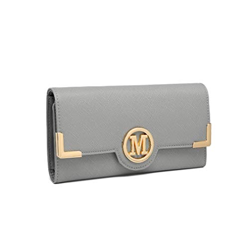Miss Lulu Monedero Mujer Cartera Billetera Mujer Cremallera Larga Tarjeta Tarjeteros de Bolsillo para Teléfono Piel Sintética con Broche (Gris)