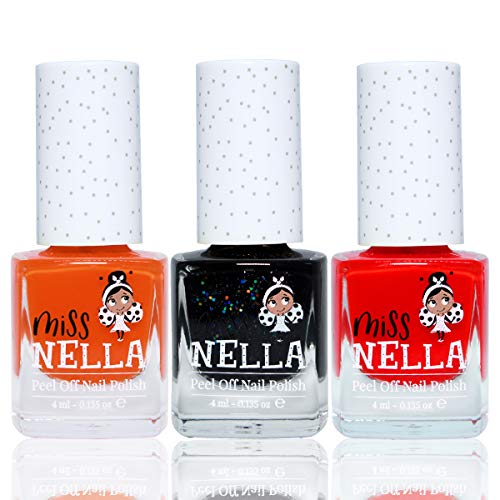Miss Nella Halloween- Paquete de 3 esmaltes de uñas a base de agua, peel off, sin olor y seguro por los niños- Poppy Fields (naranja), Surprise Party (brillo negro) & Class Clown (roja)