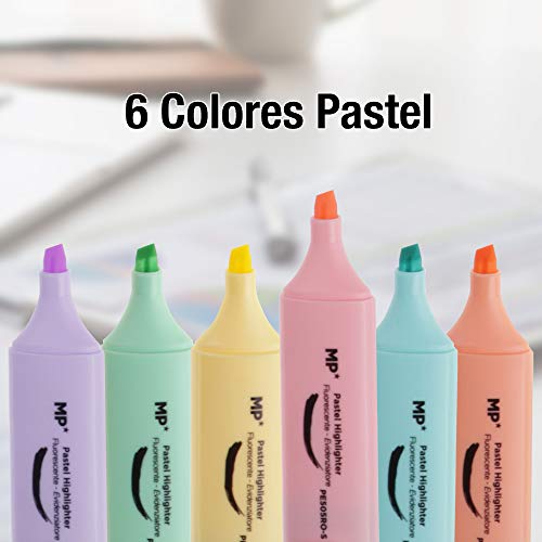 MP - Subrayadores Pastel, Punta Biselada - Estuche 6 Marcadores Multicolor