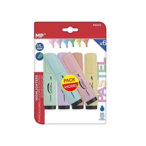 MP - Subrayadores Pastel, Punta Biselada - Estuche 6 Marcadores Multicolor