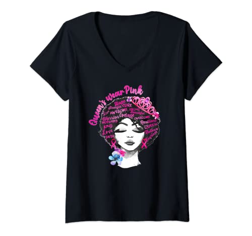 Mujer Reina negra de conciencia sobre el cáncer de mama rosa Camiseta Cuello V