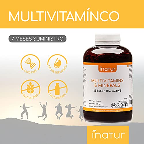 Multivitaminas y Minerales – 230 perlas | Inatur | 25 Vitaminas (A C Complejo B D E Niacina y Ácido Fólico) y Minerales activos esenciales | Suministro 7 meses