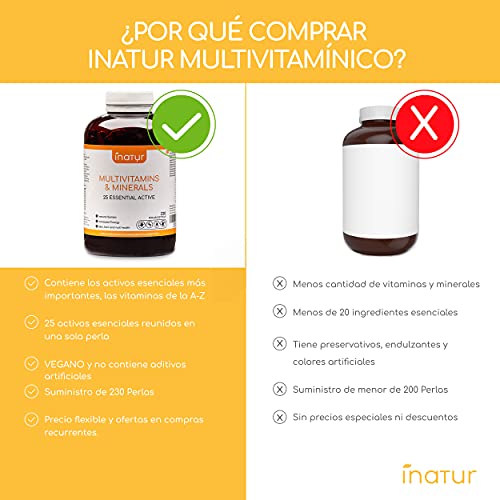 Multivitaminas y Minerales – 230 perlas | Inatur | 25 Vitaminas (A C Complejo B D E Niacina y Ácido Fólico) y Minerales activos esenciales | Suministro 7 meses
