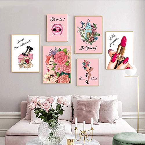 MWOOT 6 Piezas Arte Moda Dormitorio Mujeres Póster Lienzo, Decoración Pared Habitación Maquillaje Niñas Impresión Imágenes, SIN MARCO Rosa Póster Citas Inspiradoras 8"X 10"/20X25CM
