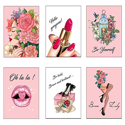 MWOOT 6 Piezas Arte Moda Dormitorio Mujeres Póster Lienzo, Decoración Pared Habitación Maquillaje Niñas Impresión Imágenes, SIN MARCO Rosa Póster Citas Inspiradoras 8"X 10"/20X25CM