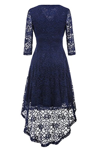 NALATI Women Vintage Solid Color 3/4 Sleeve Deep V Neck High Waist High-Low Hip Lace Party Cocktail Dress (XL, Navy Blue)